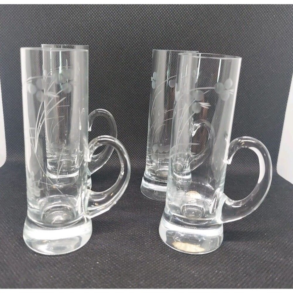 4 Vintage Etched Glass Vine & Berry Cordial Glasses Handled 4" Made in Poland